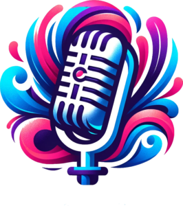 Colorful vintage microphone vector icon with dynamic swirls in pinks, blues, and purples.